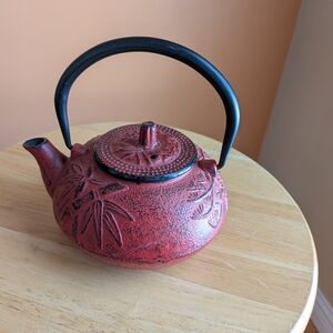 Red Cast Iron Teapot Kettle with Bamboo Design Vintage